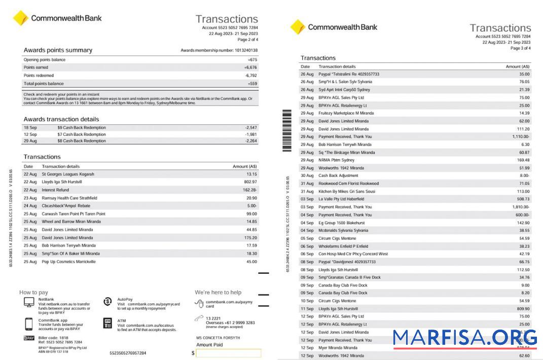 Realistic Australia NSW Commonwealth bank Diamond Awards Credit card statement 4 pages word template